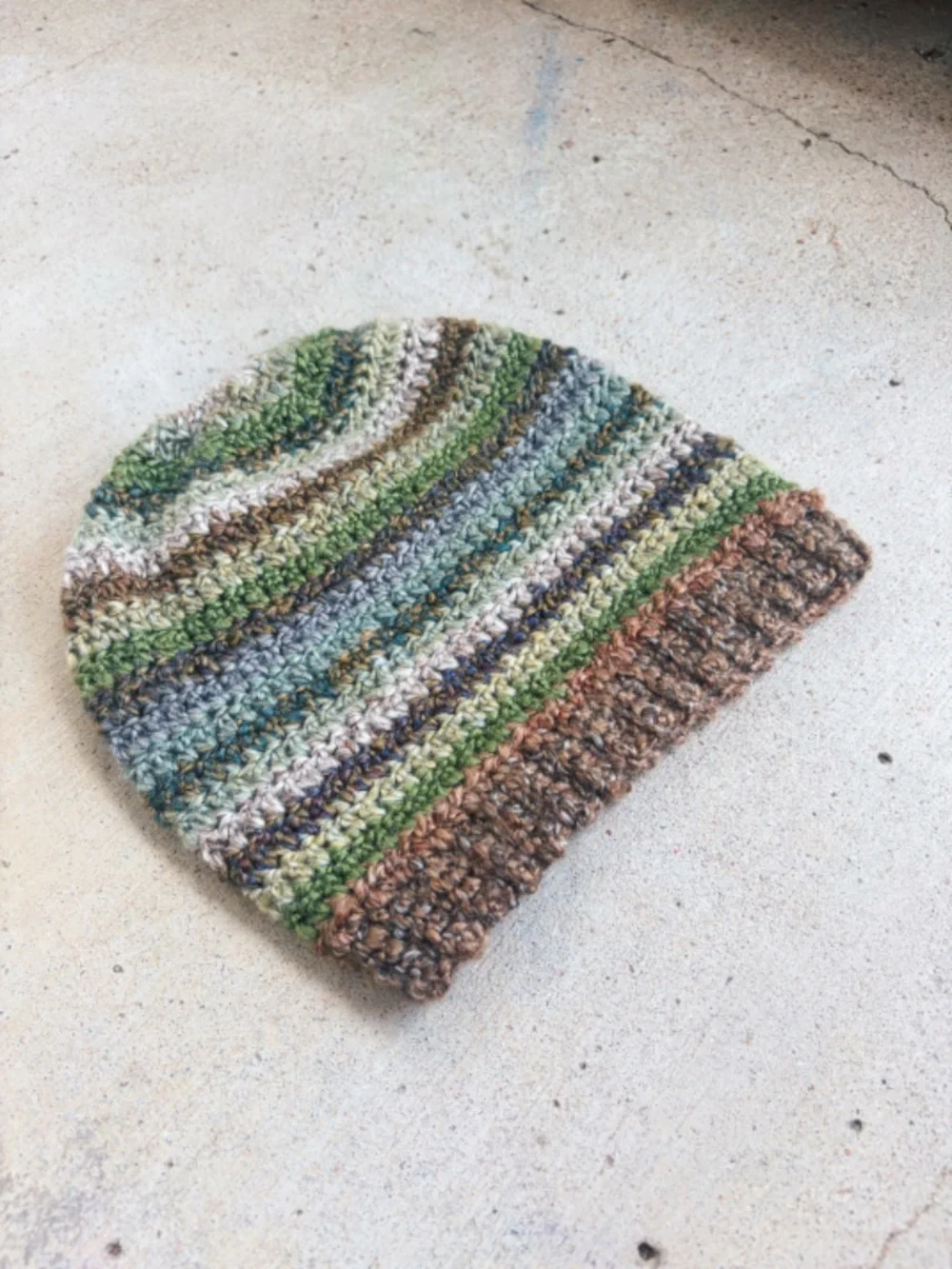 Handmade Crocheted Striped Beanie in Green, Brown, and Grey